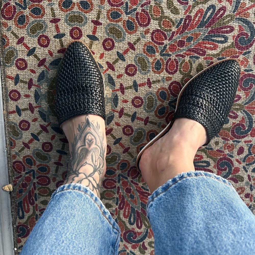 Black Woven Slip-On Mules